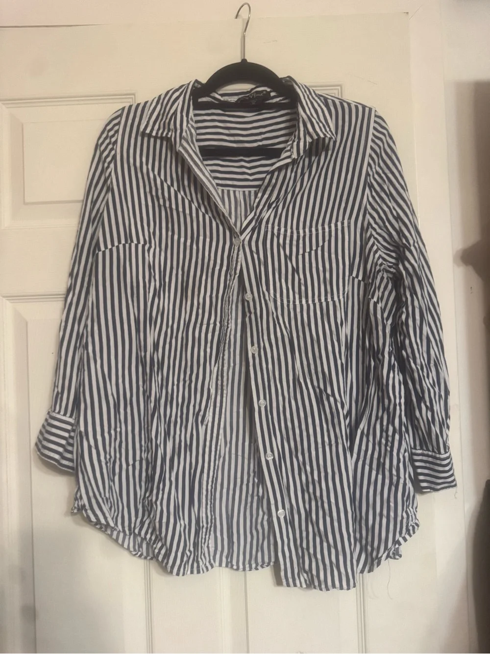 Navy and White Striped Button-Up Shirt